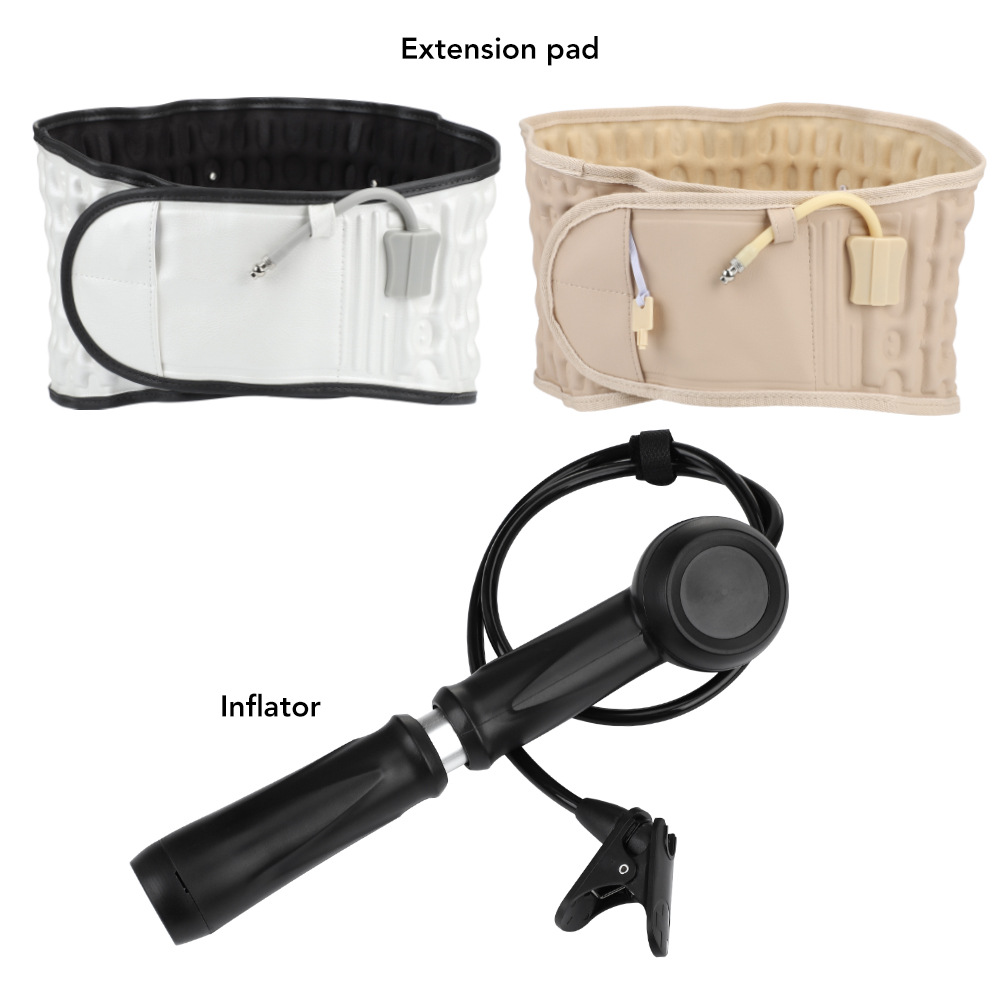 Two extension pads in white and beige with quilted texture, plus black hand pump with trigger valve and cord