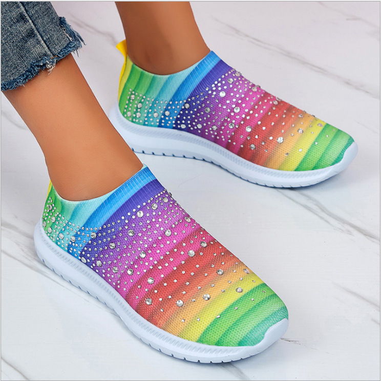 Women's Hot Drill Slip On Sneakers Flying Woven Breathable Shiny Walking Shoes Lightweight Mother Shoes