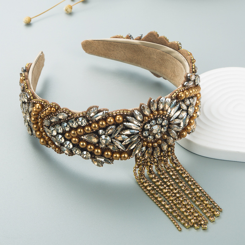 Champagne gold hoop with floral beads and tassel fringe