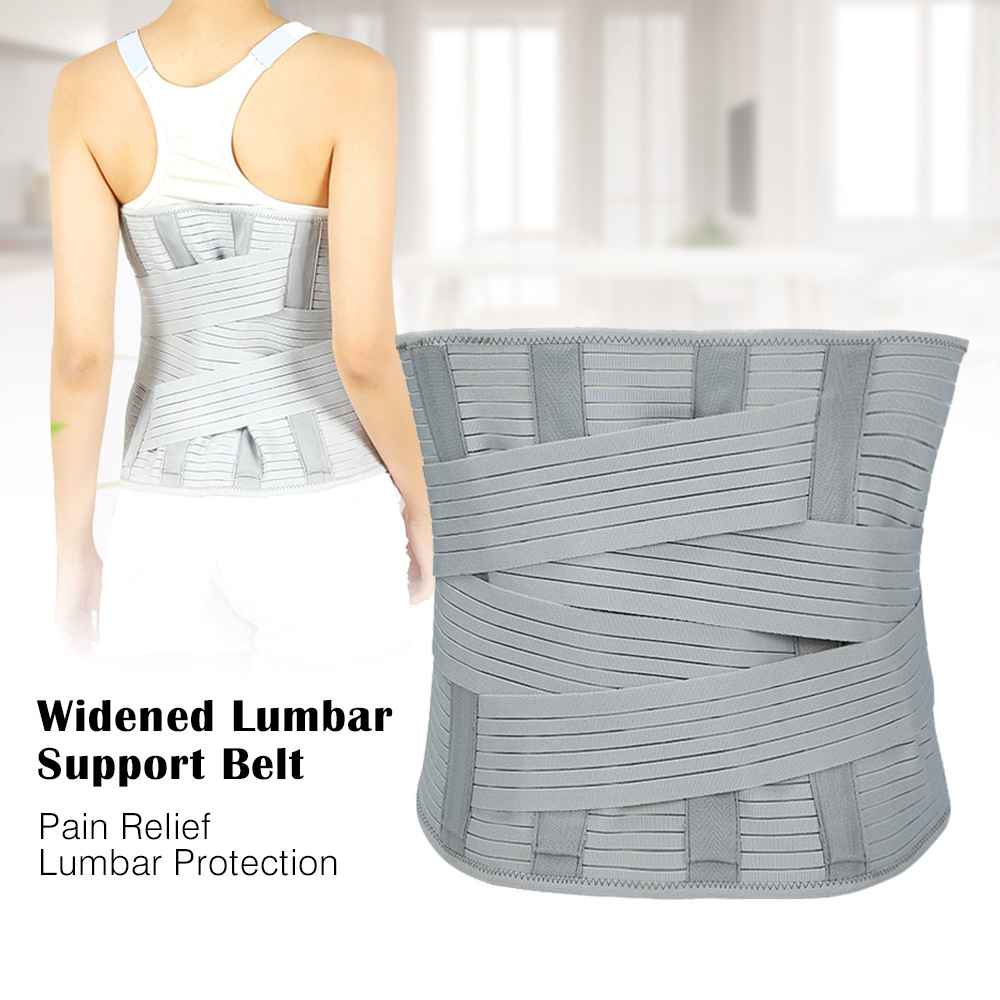 Close‑up macro detail of widened lumbar belt structure showing dual steel plates, ribbed compression straps, and breathable fabric layers