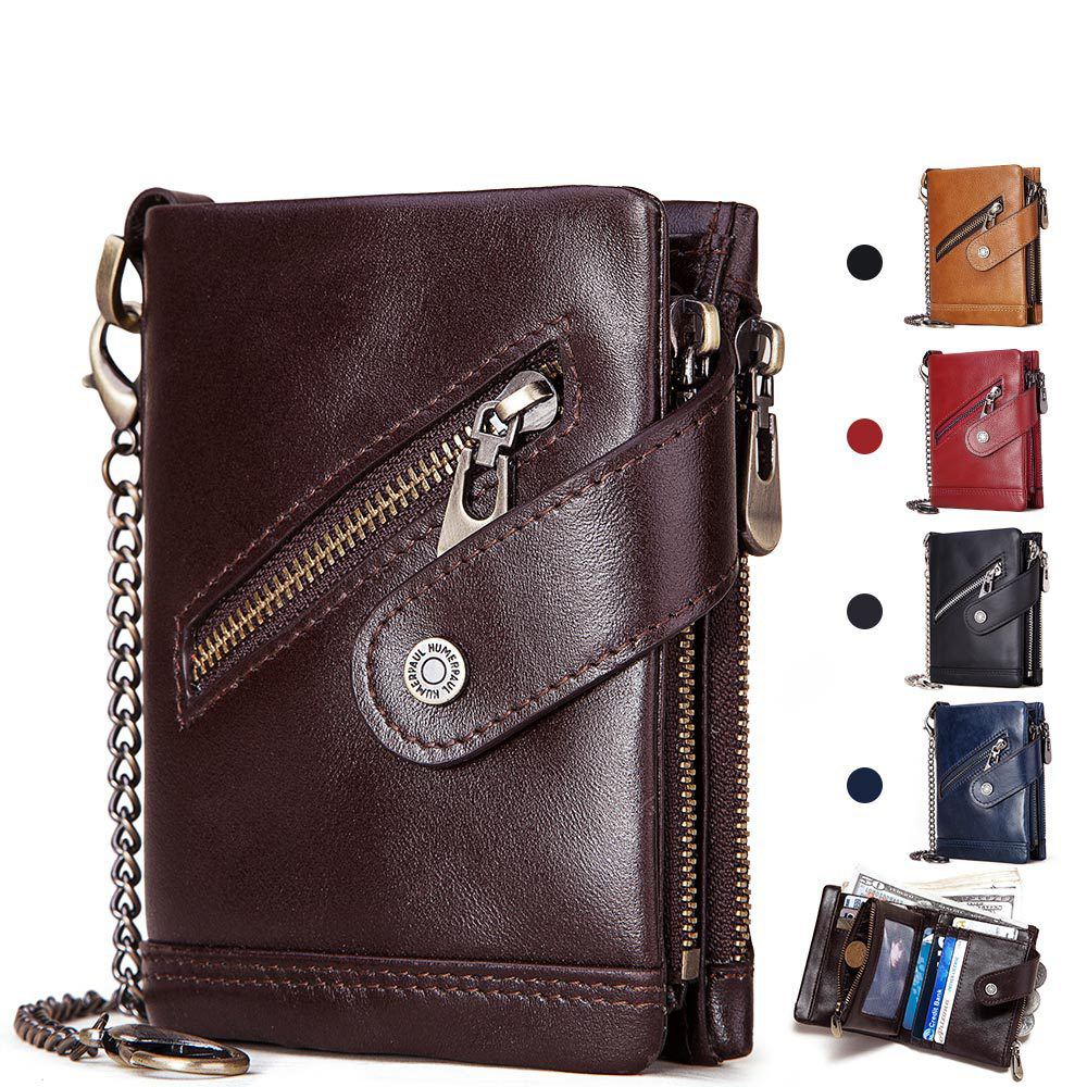 Leather RFID Wallet Independent Station Men's New Double Zipper Anti-Magnetic Anti-Theft Brush