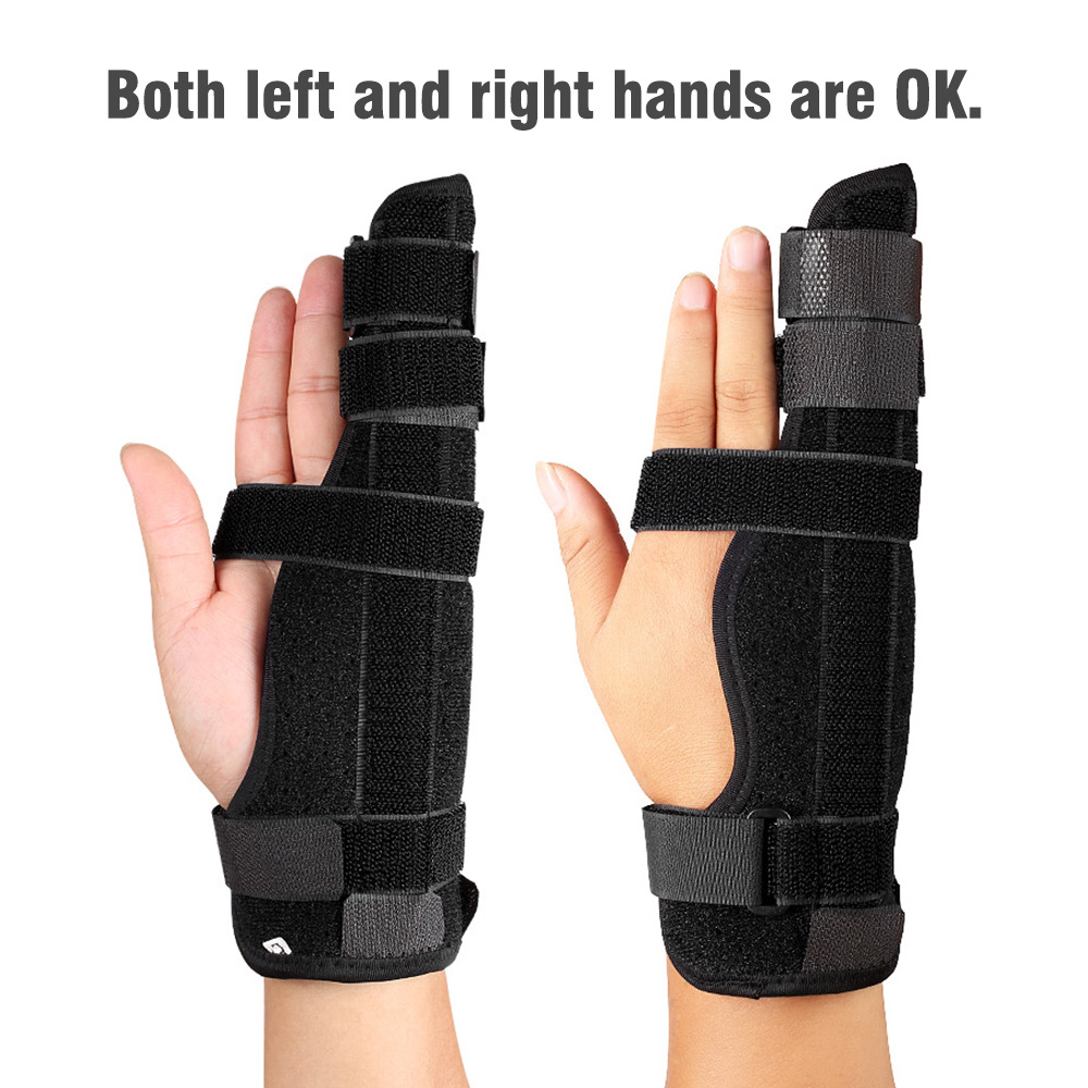 Ambidextrous finger support brace worn on both left and right hands demonstrating universal compatibility
