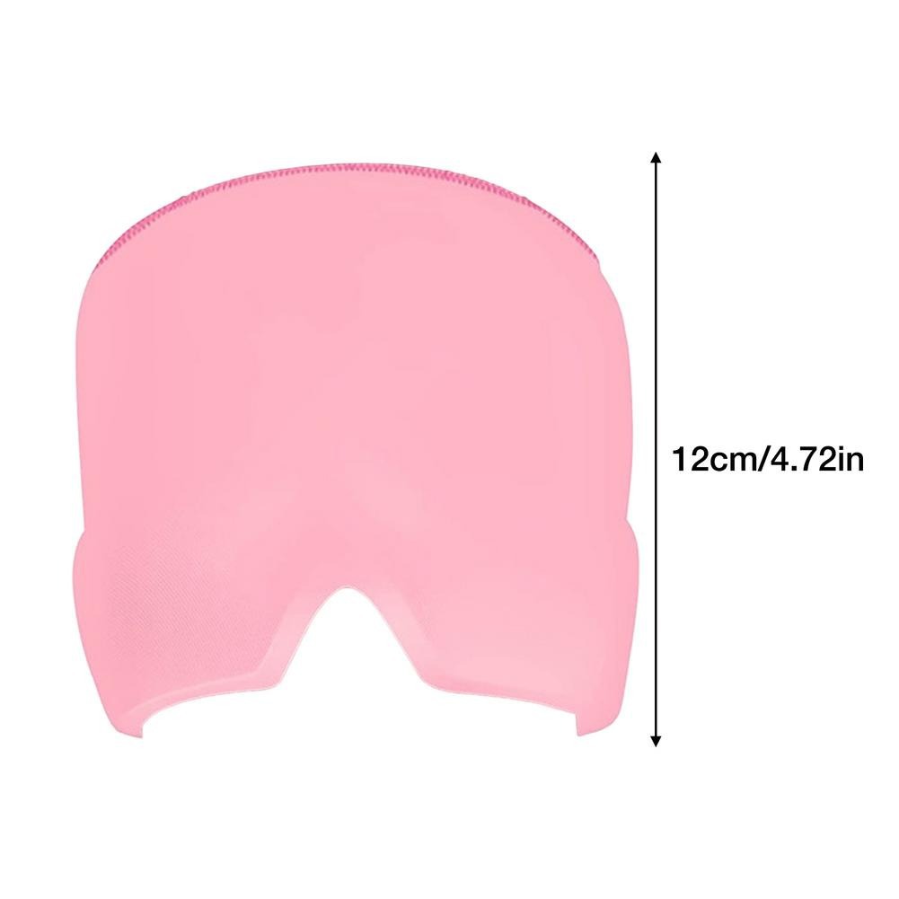 Flat lay of pink gel ice mask variant with measurement indicator (12cm/4.72in) and contoured design details