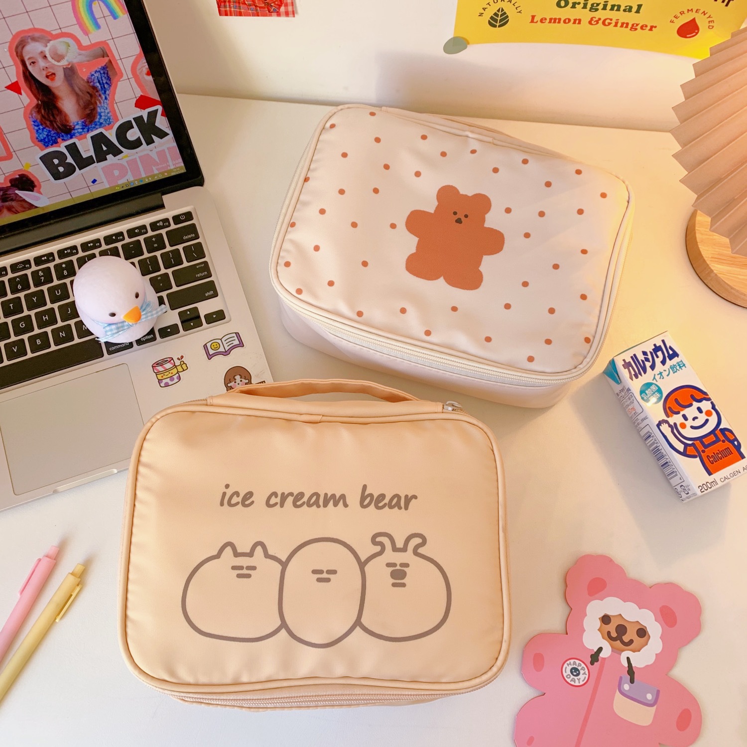 Japanese And Korean Style Cartoon Bear Print Canvas Bag Tote Bag Daily Necessities Storage Bag Large Capacity Cosmetic Bag Clutch Bag