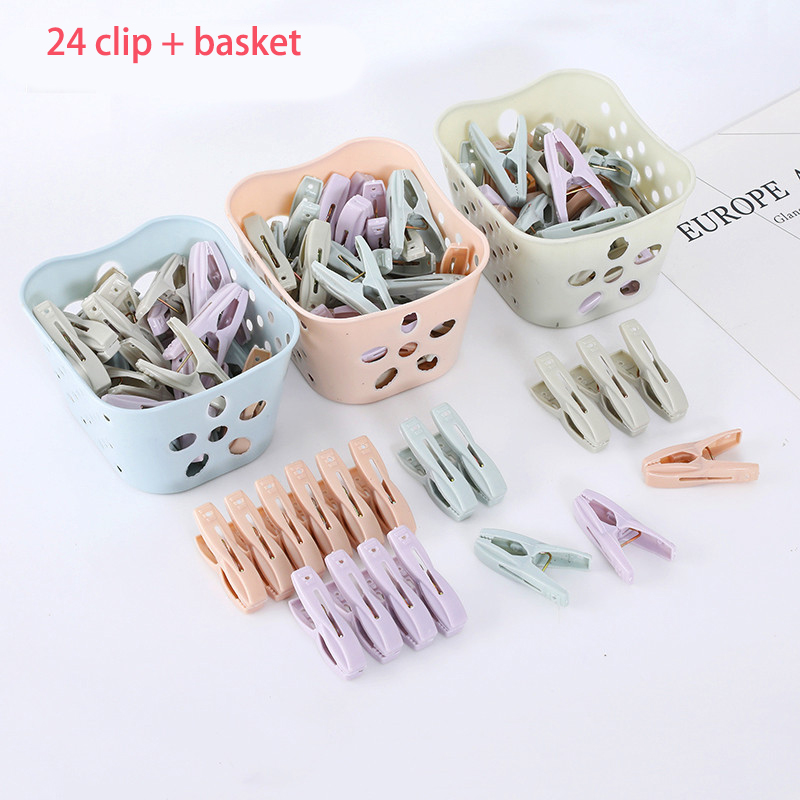Strong Windproof Clip Underwear Socks Clothespins Plastic Small Clips With Storage Basket Quilt Drying Clips 24 Packs