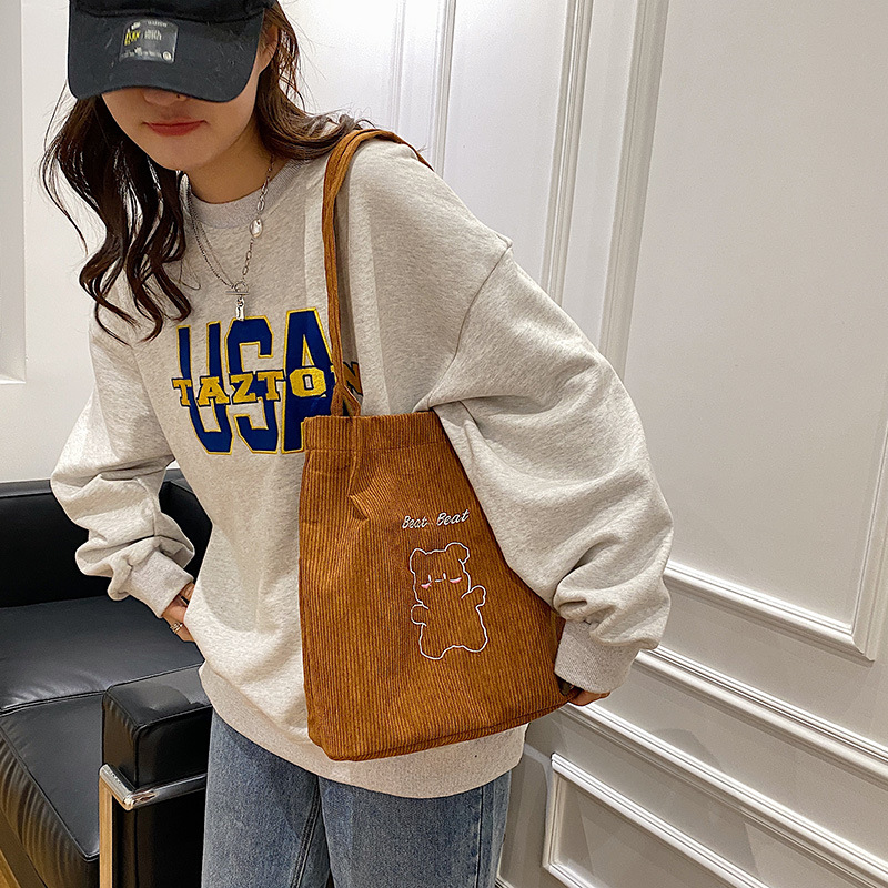 Cute Canvas Bag Girl Cartoon Embroidery Shoulder Bag New Japanese Ins Handbag Corduroy Student Class Bag