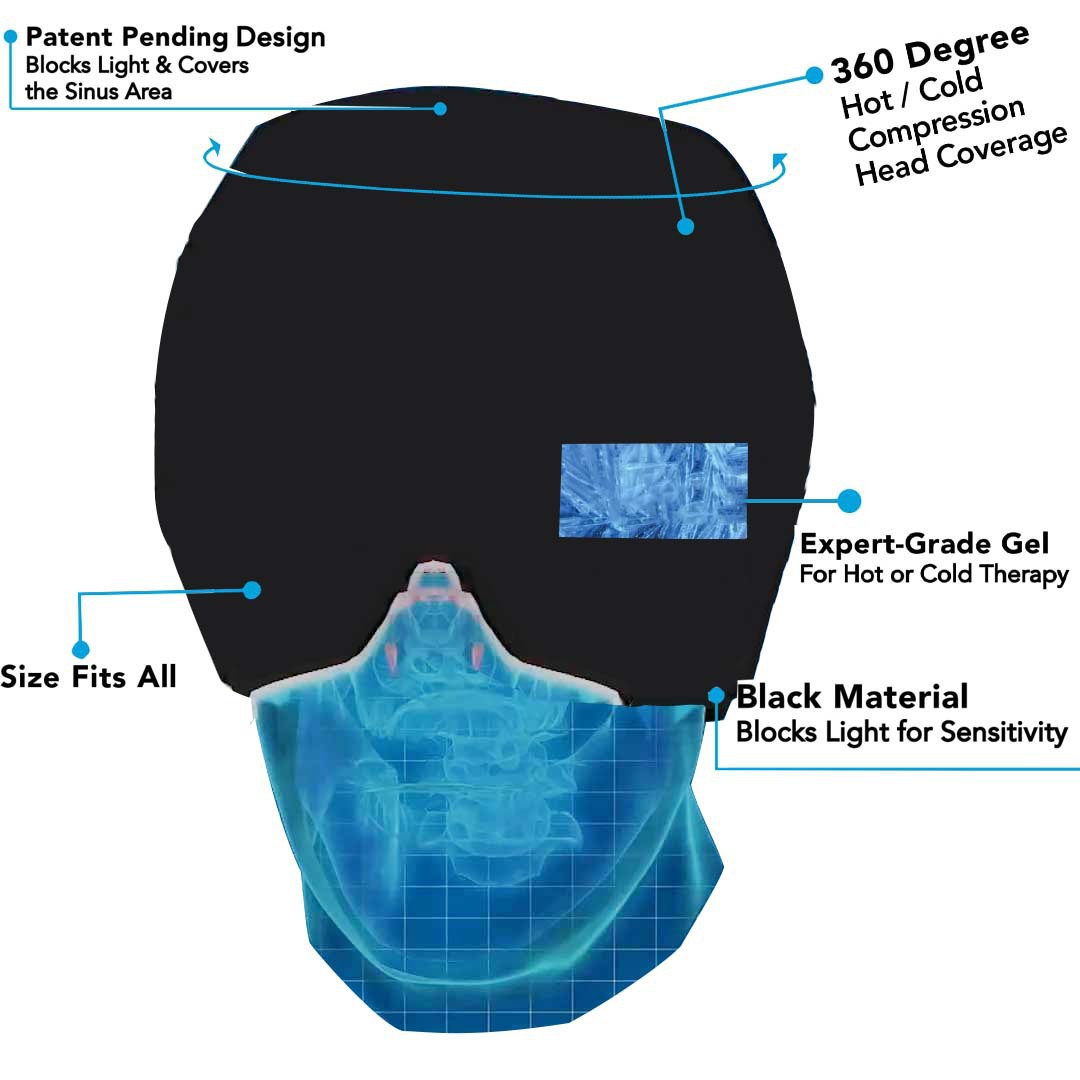 Black gel ice mask next to freezer tray alongside a glass of water and cool blue towel, showing freezer-safe design in home wellness setting