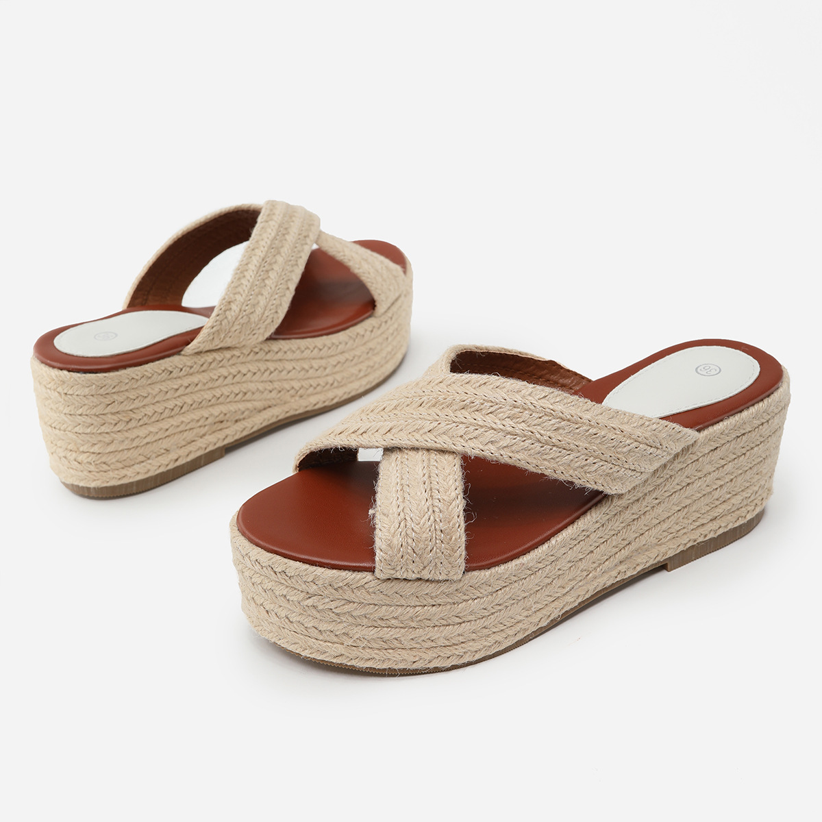 Thick Sole Hemp Rope Wedge Heel Women's Shoes Summer Cross Strap Flat Sandals Women
