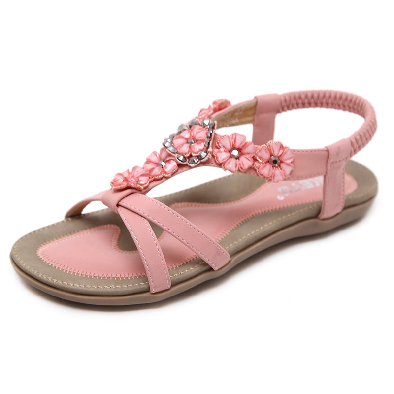 Summer Sweet Sandals Women's Bohemian Flower Rhinestones Flat Shoes Beach Shoes image 5