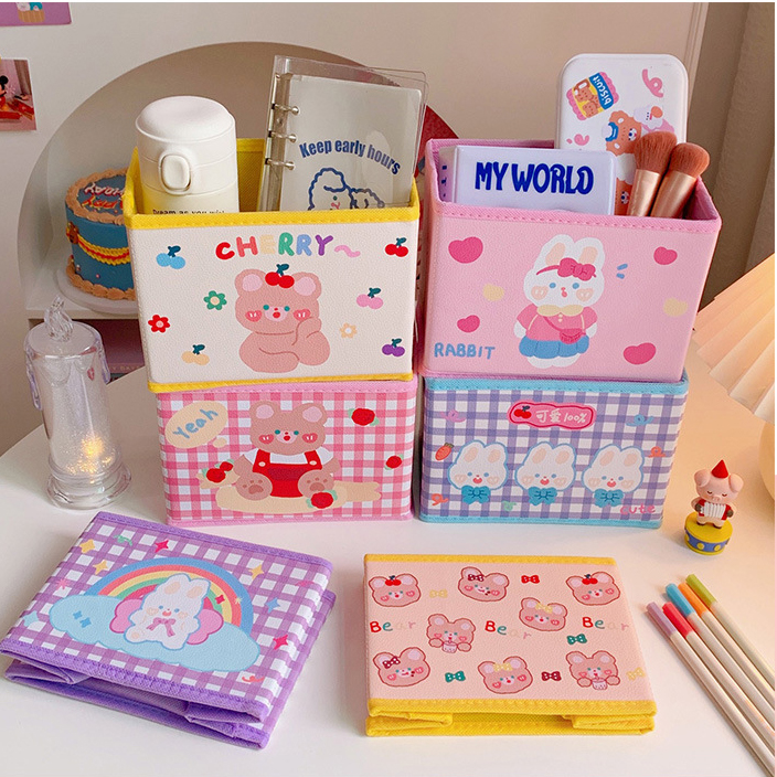 Student Dormitory Desktop Storage Box Girl Heart Korea Foldable Sundries Sorting Cute Pu Leather Cartoon Storage Box