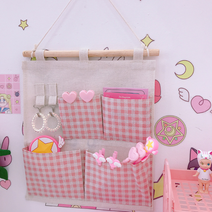 Ins Wind Creative Powder Grid Wall Multi-Functional Sundries Storage Bag Hanging Bag Student Dormitory Pink Finishing Storage Bag