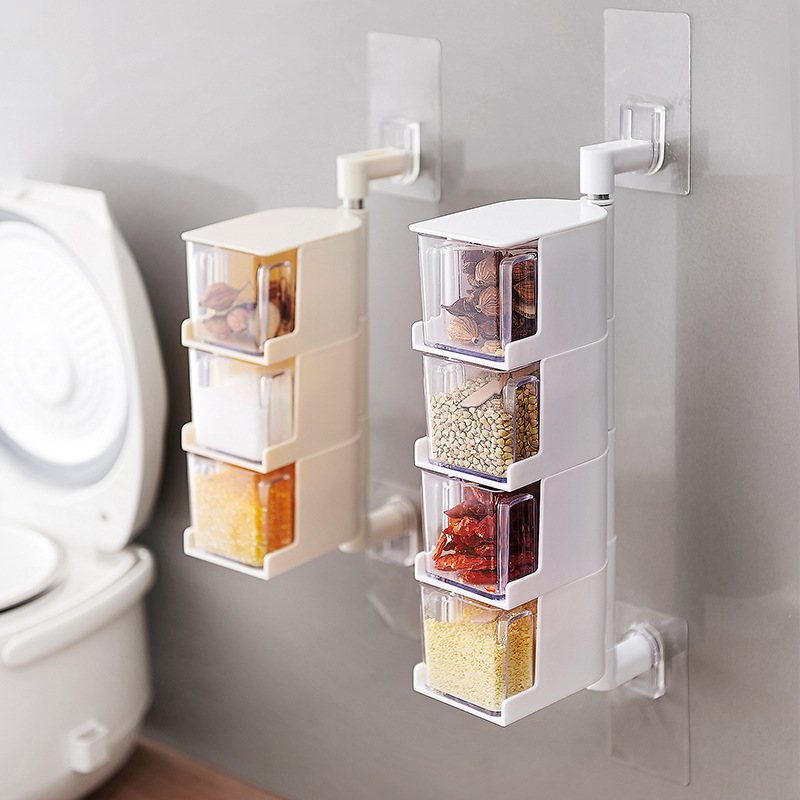 Kitchen Punch-Free Wall-Mounted Rotatable Seasoning Box Multi-Layer Drawer-Type Seasoning Box