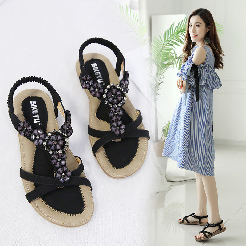 Summer Sweet Sandals Women's Bohemian Flower Rhinestones Flat Shoes Beach Shoes image 3