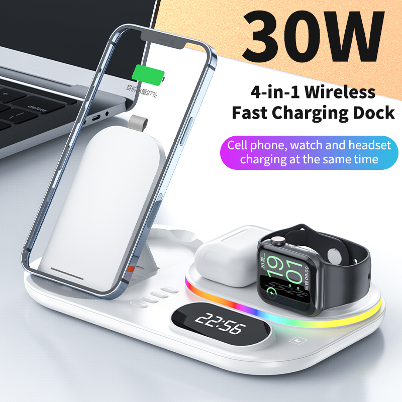 Three-In-One Wireless Charger With Clock Fast Charging Rgb Atmosphere Light Multi-Function Wireless