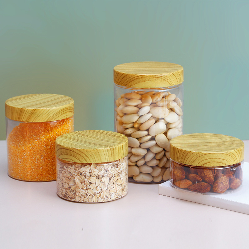 Kitchen Biscuit Jar Seasoning Grains Moisture-Proof Fresh-Keeping Storage Jar Wide Mouth Transparent Plastic Bottle Nut Wood Grain Sealed Jar