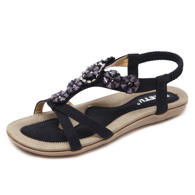 Summer Sweet Sandals Women's Bohemian Flower Rhinestones Flat Shoes Beach Shoes image 6