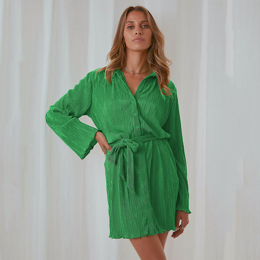 Fashion Green Toothpick Pleated Design Shirt Skirt Women's Dress