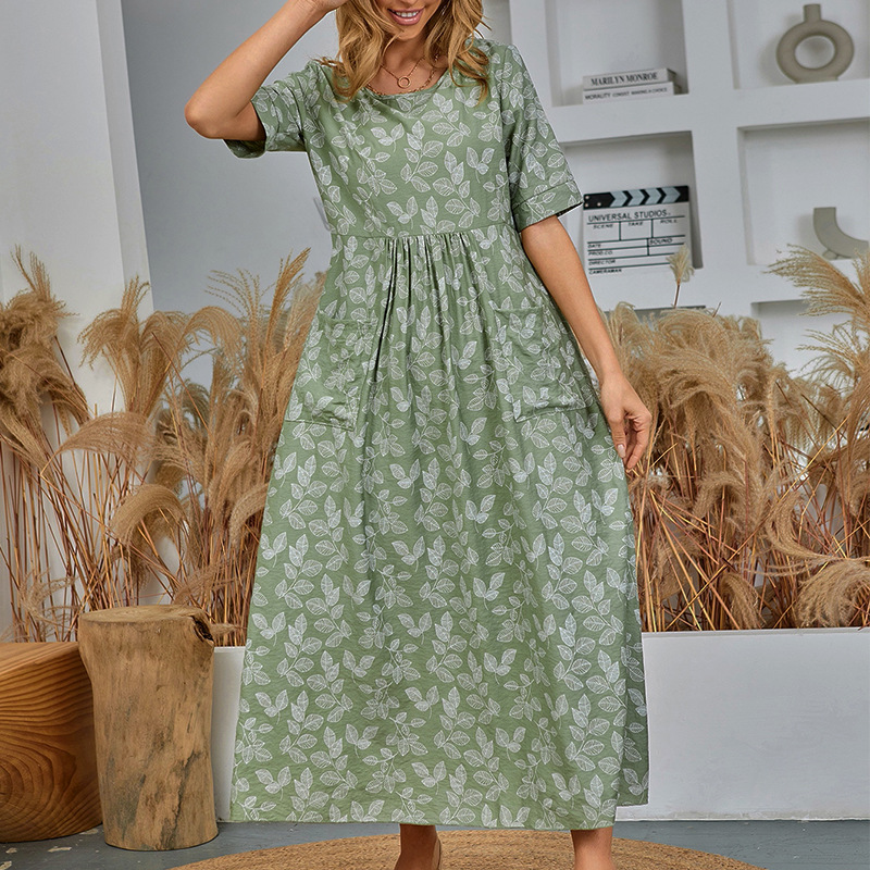 Dress Spring and Summer Temperament Lazy Short Sleeve Pocket Loose Western French Tea Break Long
