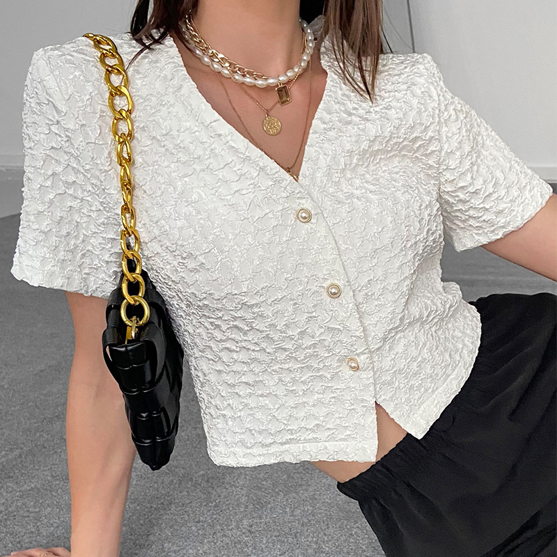 Summer Short Sleeve Solid Color All-Match Temperament Cardigan Shirt Women's Embroidered Shirt