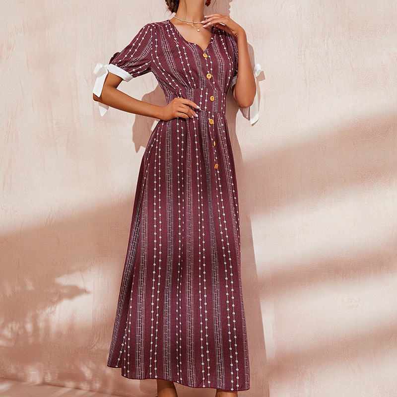 Middle East Short Sleeve Loose Dress Fragmentary Flower Waist Closing Foreign Style Light Mature