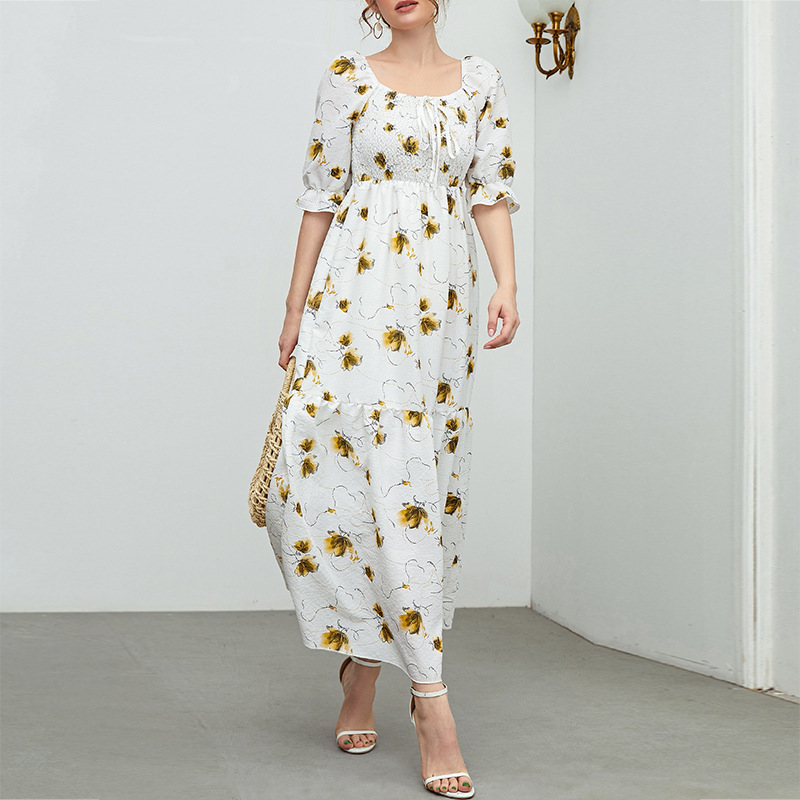 Summer Women's Floral Dress Slim Long Skirt Chiffon Pleated Skirt
