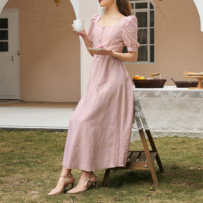 French Celebrity Royal Sister Fan Slim Long Skirt Women's Puff Sleeves Commuter Dress