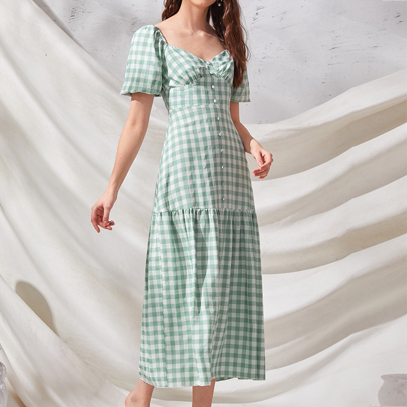 Plaid Ladies Dress Puff Sleeve Long French Dress
