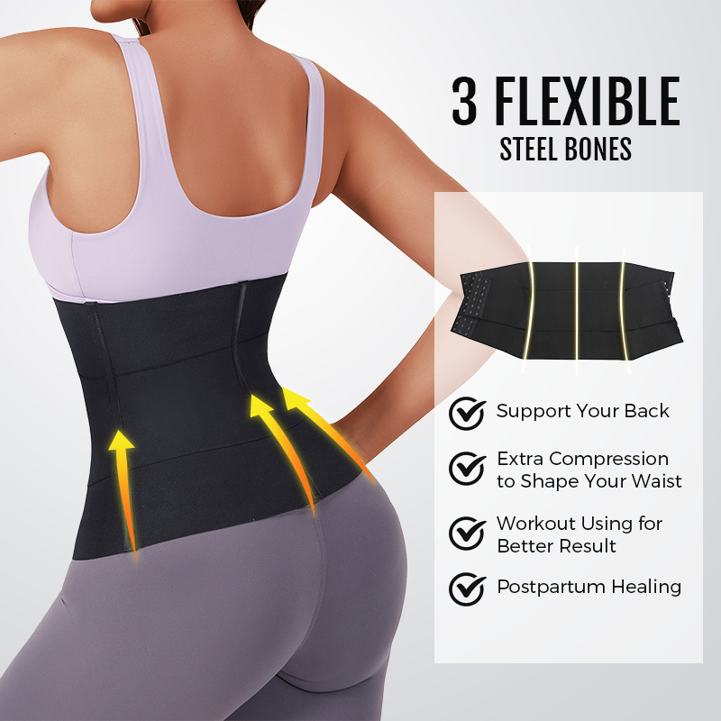 Back view of woman wearing waist trainer with highlighted flexible steel bone construction and benefit checkmarks for back support, compression, workout use, and postpartum healing