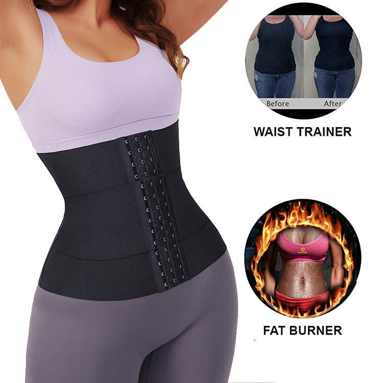 Close-up of waist trainer on torso with before/after circle showing slimmer waist, plus fat-burning visualization with flame graphics