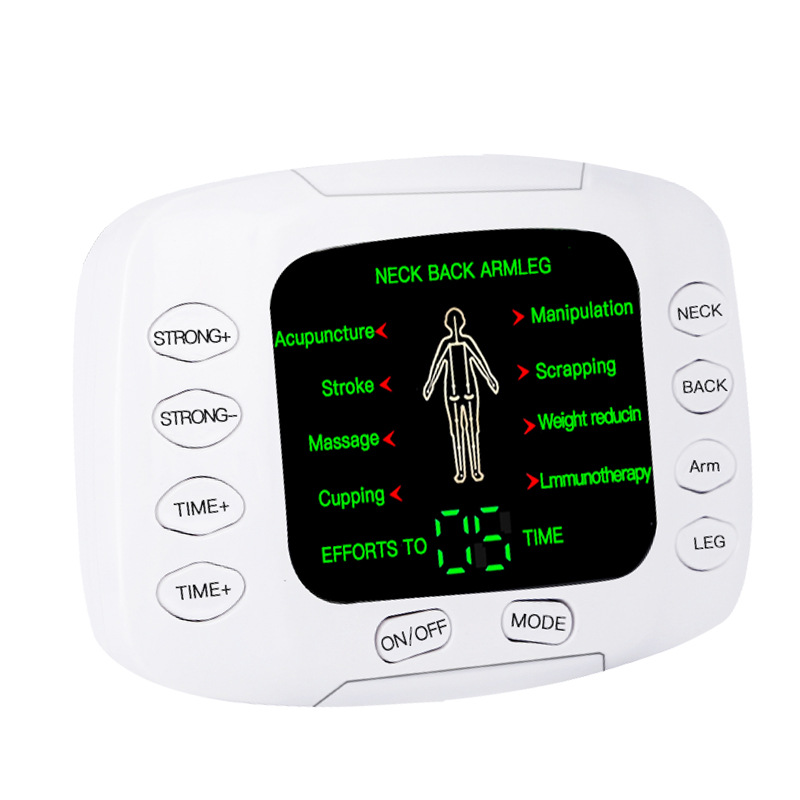 Close-up of white host control unit with black digital LCD display showing green text for acupuncture, stroke, massage, and cupping modes