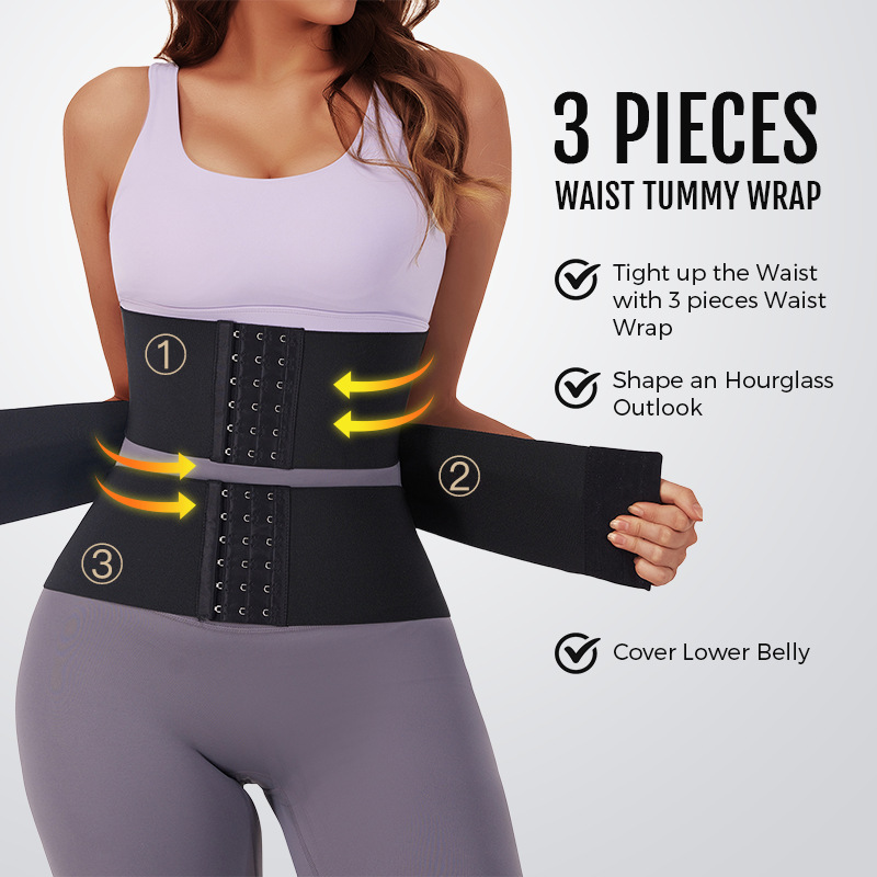 Annotated diagram showing three numbered belt components with yellow arrows indicating compression zones and hour-glass shaping benefits
