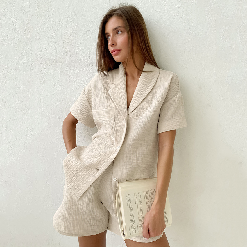 Summer Cotton Shorts Short Sleeve Shirt Two-Piece Commuter Casual Fashion Small Fragrance Suit