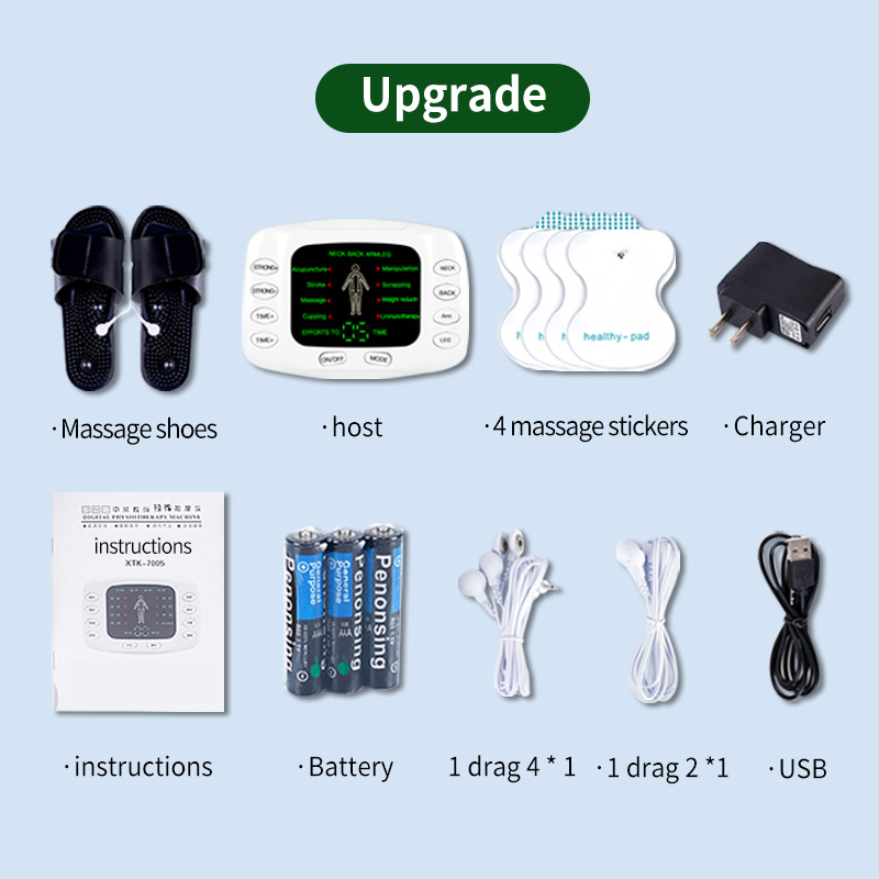 Upgrade kit with black mesh foot massage shoes, white sticker pads, host unit, cables, and batteries
