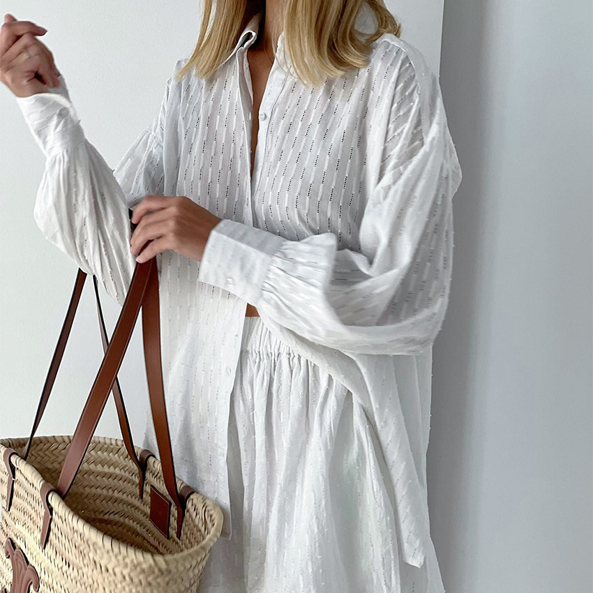 Summer Women's Shirts Jacquard Puff Sleeves Temperament Tops Shorts Commuting Design Casual Suits