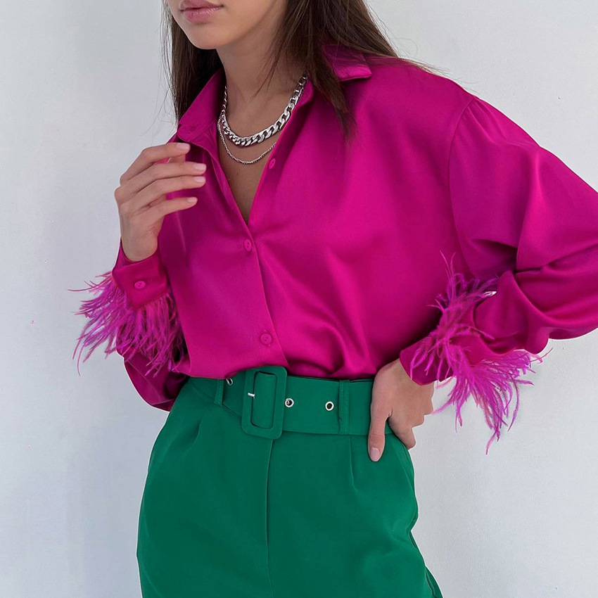 Summer New Fashion Casual Shirt All-Match Women's Ice Silk Feather Stitching Design Sense Ostrich