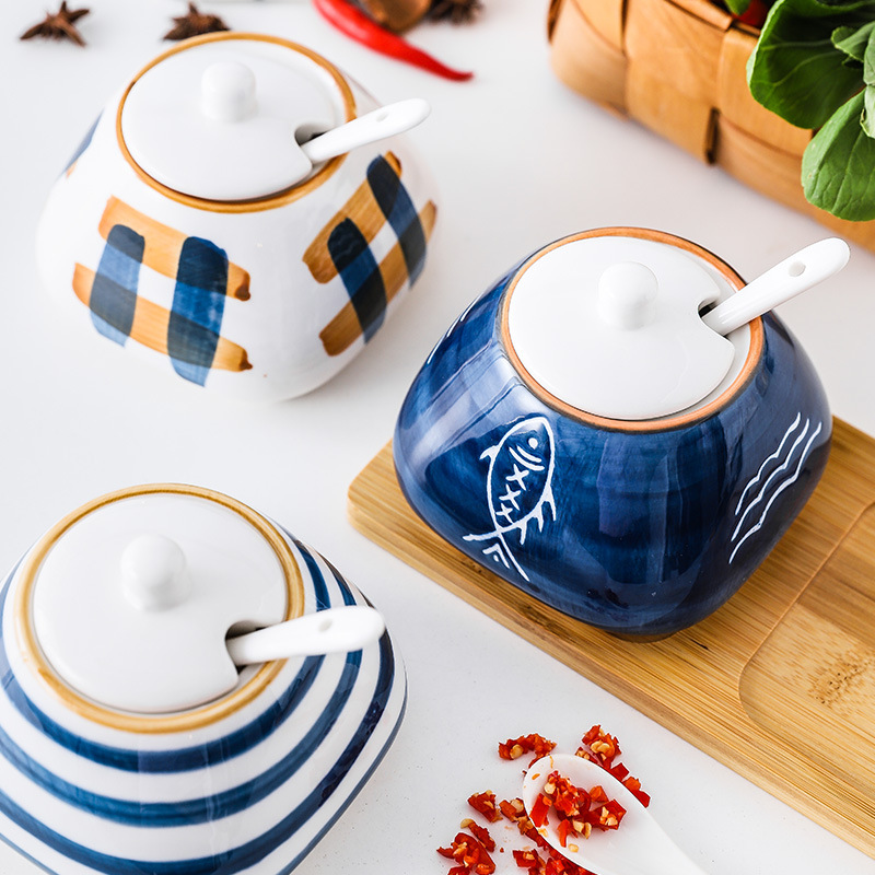 Creative Hand-Painted Under Glaze Color Japanese Style Ceramic Seasoning Jar Set Kitchen Seasoning Jar Salt Shaker Restaurant Household Seasoning Box