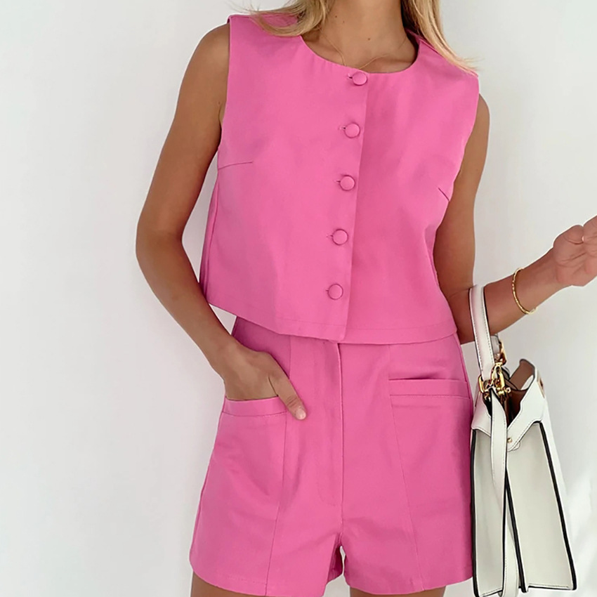 Summer New Vest High Waist Trousers Shorts Suit OL Commuter Pink Sleeveless Small Suit Two-Piece for