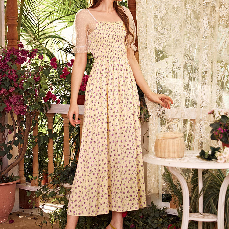 Women's Summer Chiffon Tulle Sleeve Dress High Waist Floral Midi Dress Fresh and Sweet French