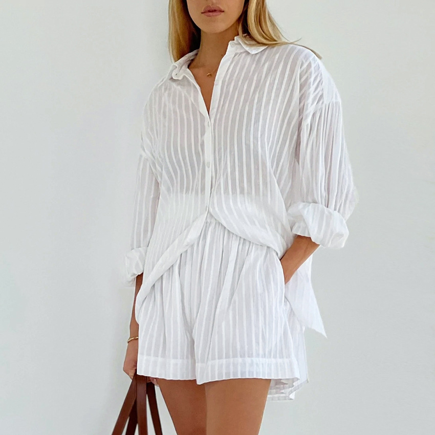 Summer Women's Temperament Shirt Jacquard Striped Puff Sleeve Shorts Commuter Design Casual Suit