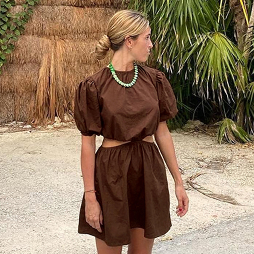 Summer New French Fashion Casual Women's Hollow Design Lantern Sleeve Dress A-Line Skirt