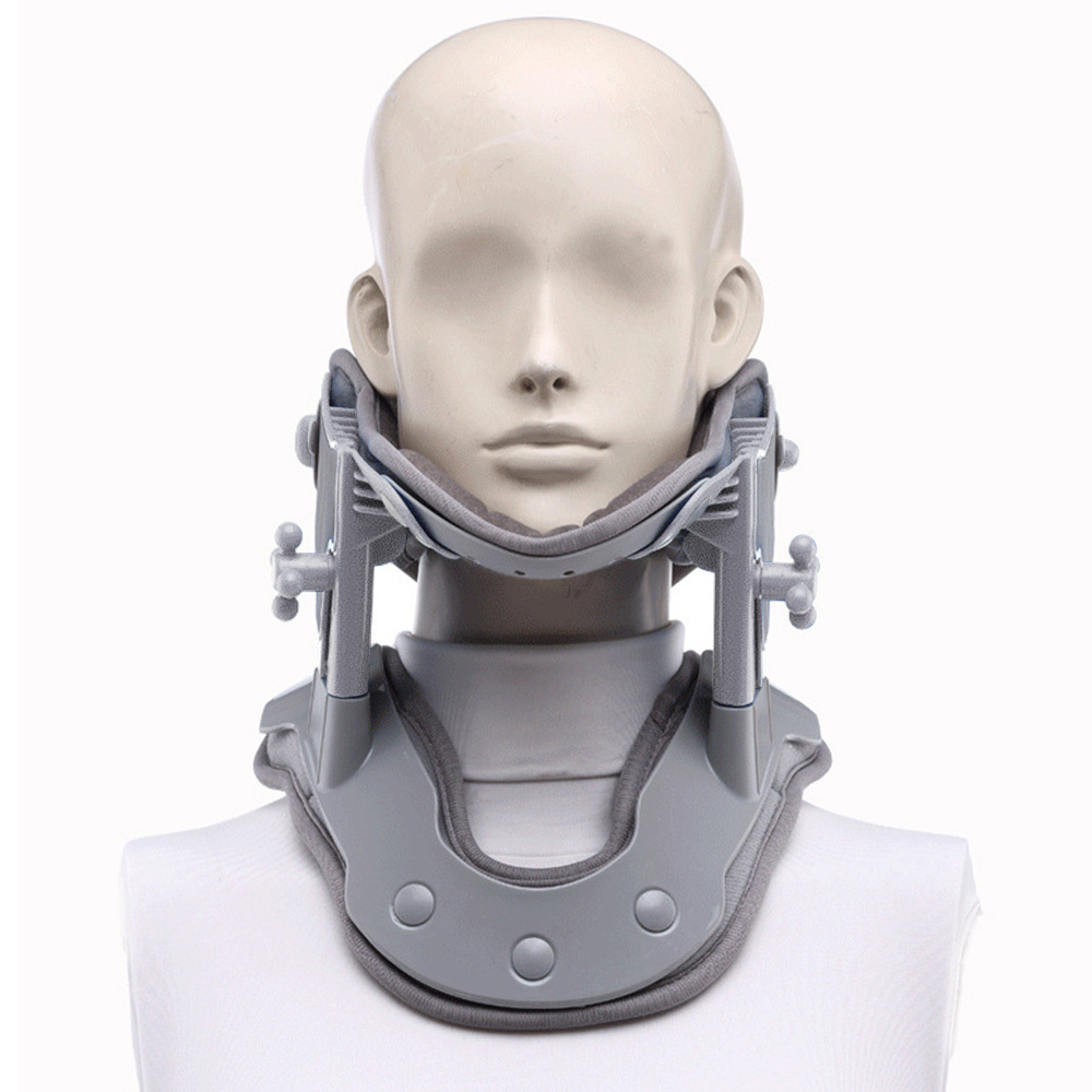 User wearing the cervical traction device, showing comfortable fit and hands-free use during relaxation