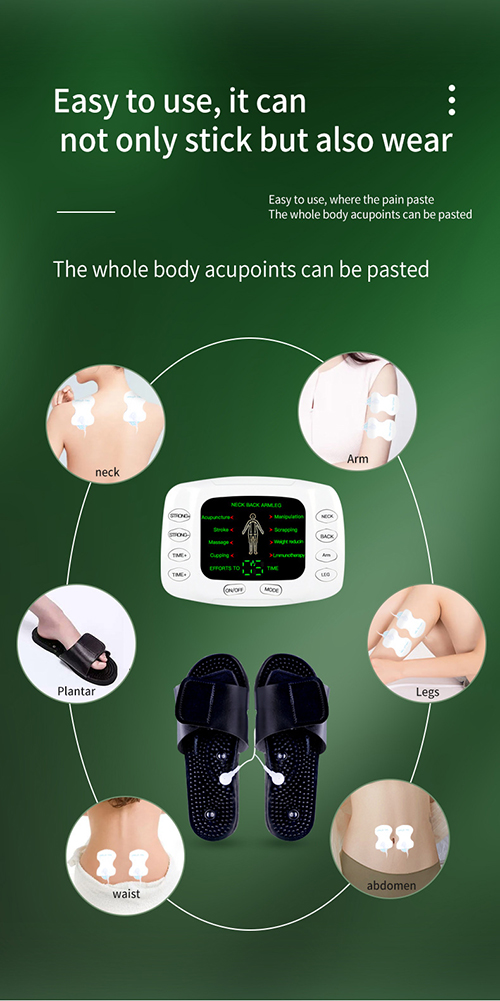 Full-body meridian therapy diagram with electrode placement zones and central white control device on green background