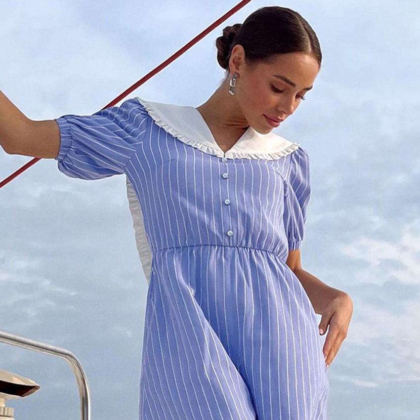 Summer Jumpsuit Shorts Striped Casual Navy Collar Jumpsuit Wide Leg Pants Women's Fashion