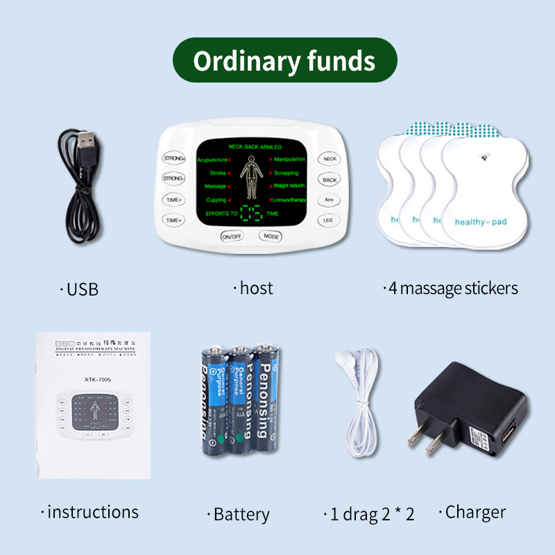 Complete starter kit with control unit, four white massage sticker pads, USB cable, batteries, and AC adapter on light blue background