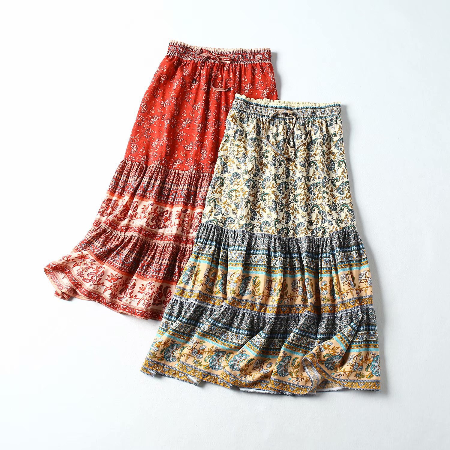 Spring Women's New Holiday Rayon Cotton Positioning Flower Elastic Waist Skirt