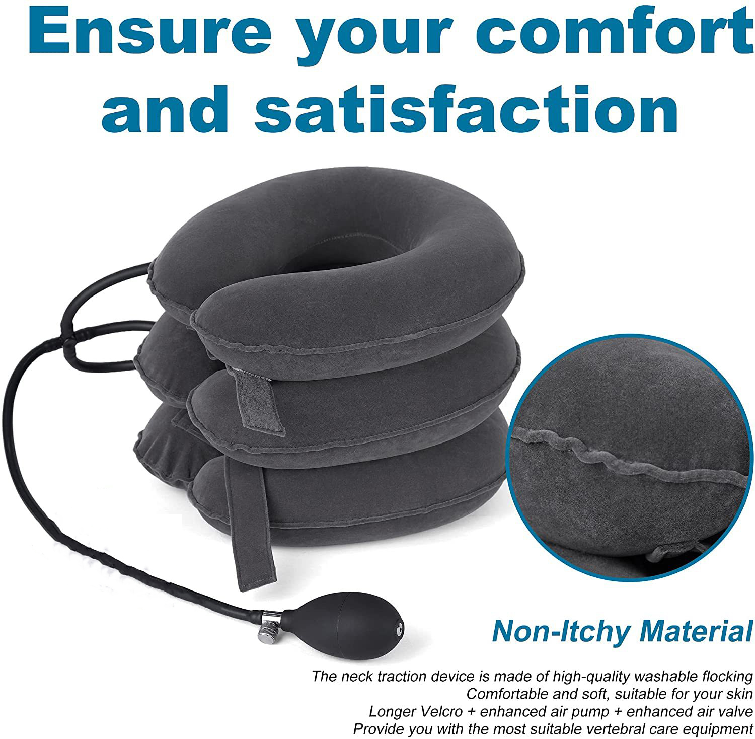 Close‑up of three‑layer inflatable pillow structure with non‑itchy flocking material and enhanced air valve