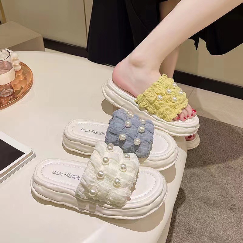 Fairy Style Sandals Summer Korean Style Women's Sandals And Slippers With Pearl Thick-Soled Beach Shoes image 4