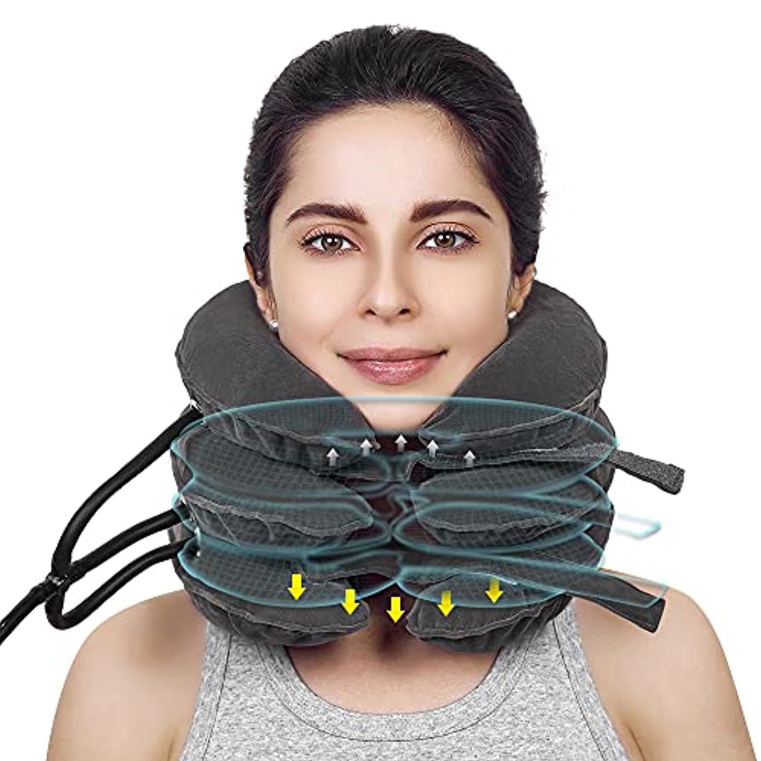 Woman wearing cervical traction device with directional arrows showing therapeutic pull and support zones