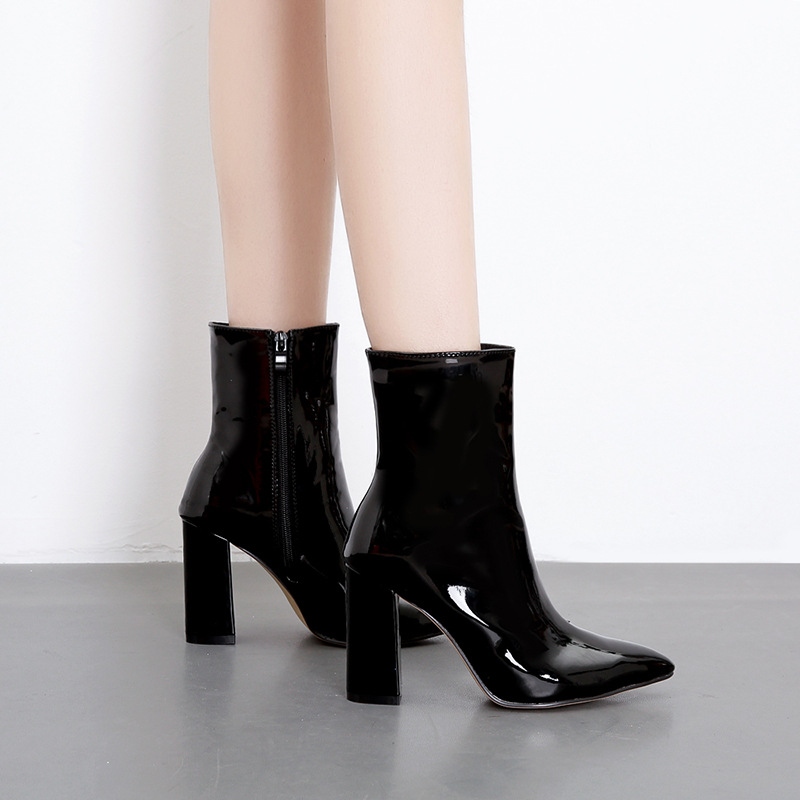 Patent Leather Pointed Toe Block Heel High Heel Zip-Up Rider Boots image 5