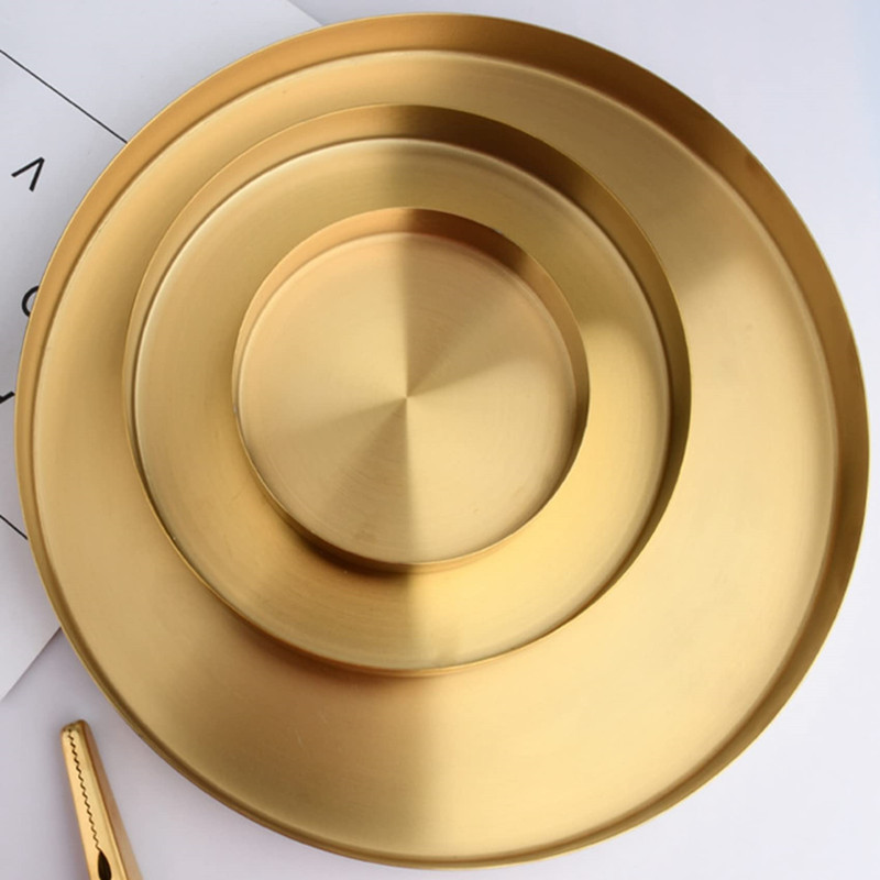 Nordic Ins Style Light Luxury Storage Disc Golden Stainless Steel Round Straight Edge Tray Cosmetic Jewelry Tea Plate